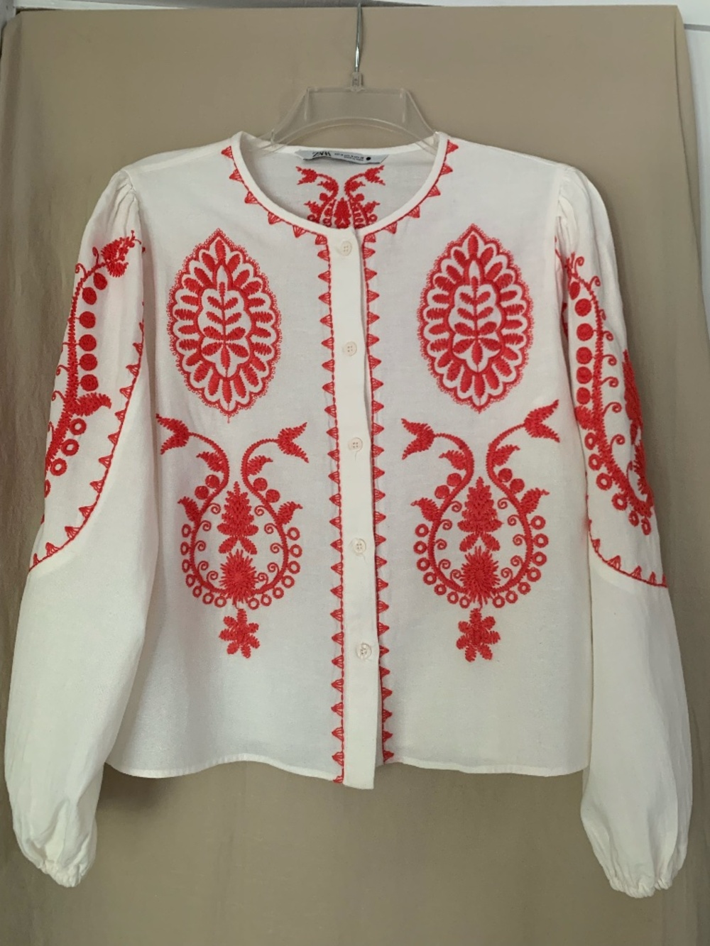 Zara white button down top with orange embroidery